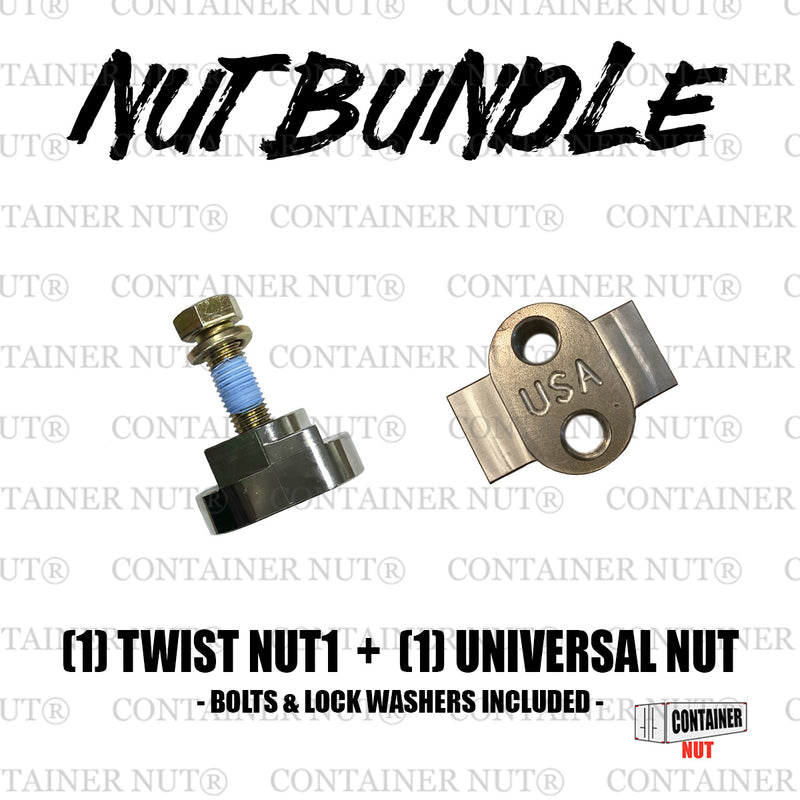 Load image into Gallery viewer, Image depicting two types of nuts. On the left is a twist nut with an attached bolt and washer. On the right is a universal nut labeled &quot;USA.&quot; Text reads: &quot;CONTAINER NUT AND TWIST NUT BUNDLE (1) TWIST NUT + (1) UNIVERSAL NUT - BOLTS &amp; LOCK WASHERS INCLUDED.&quot; Background features repeating &quot;CONTAINER NUT&quot; text.

