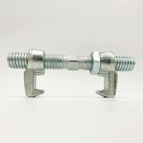 A silver Bridge Fitting from the Container Nut brand, featuring two hooked ends against a plain gray background. It includes threaded rods extending from both ends, connected by a central barrel that can be rotated to adjust the tension. The surface is shiny and galvanized.