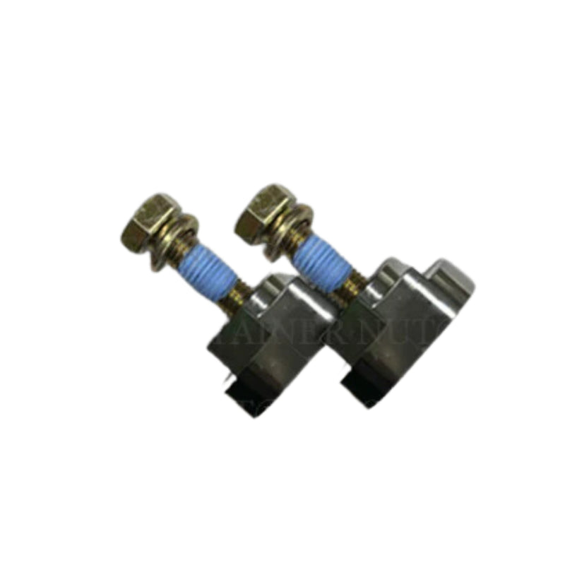 Load image into Gallery viewer, Image of a product bundle featuring two silver Twist Nuts by Container Nut with attached bolts.
