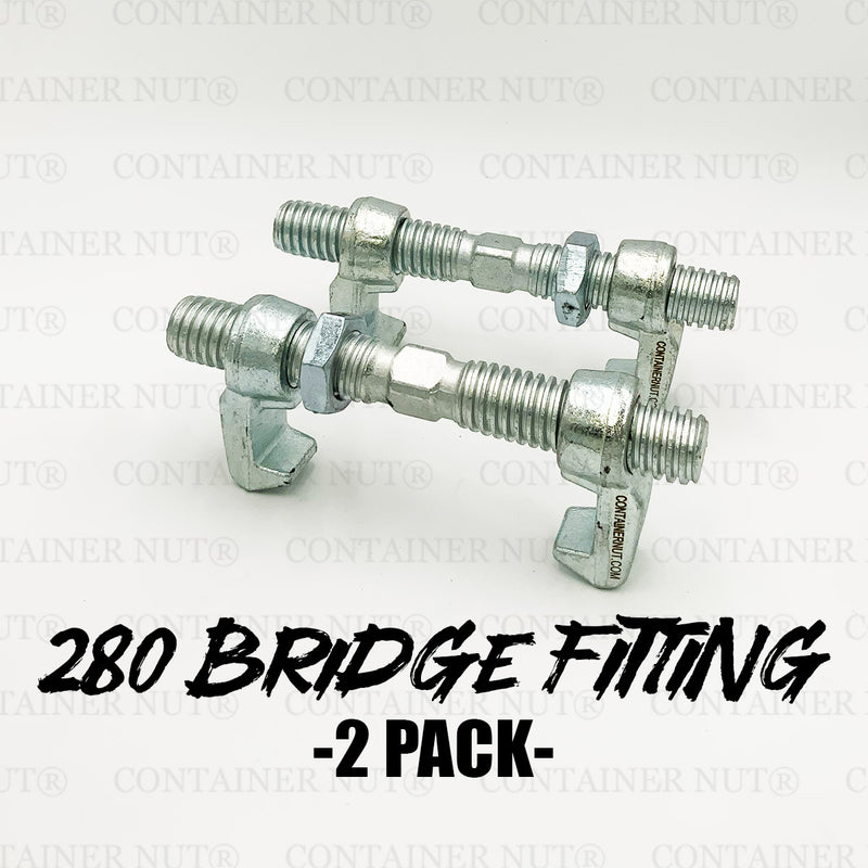 Load image into Gallery viewer, Two silver Bridge Fittings by Container Nut are positioned on a white surface. The fittings have a shiny finish and feature threaded parts with attached nuts, washers, and hinged clamp pieces designed for fastening.
