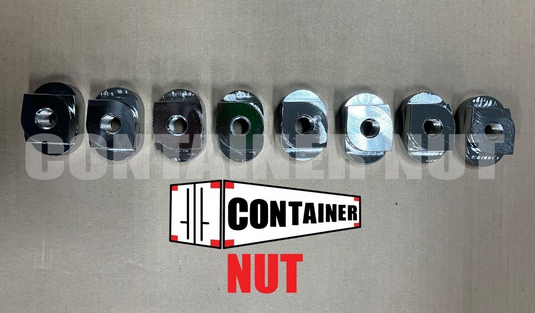 A series of eight silver Twist Nuts are arranged horizontally against a cardboard background. The words "CONTAINER NUT" are prominently displayed beneath the nuts, with a logo between the words "CONTAINER" and "NUT.