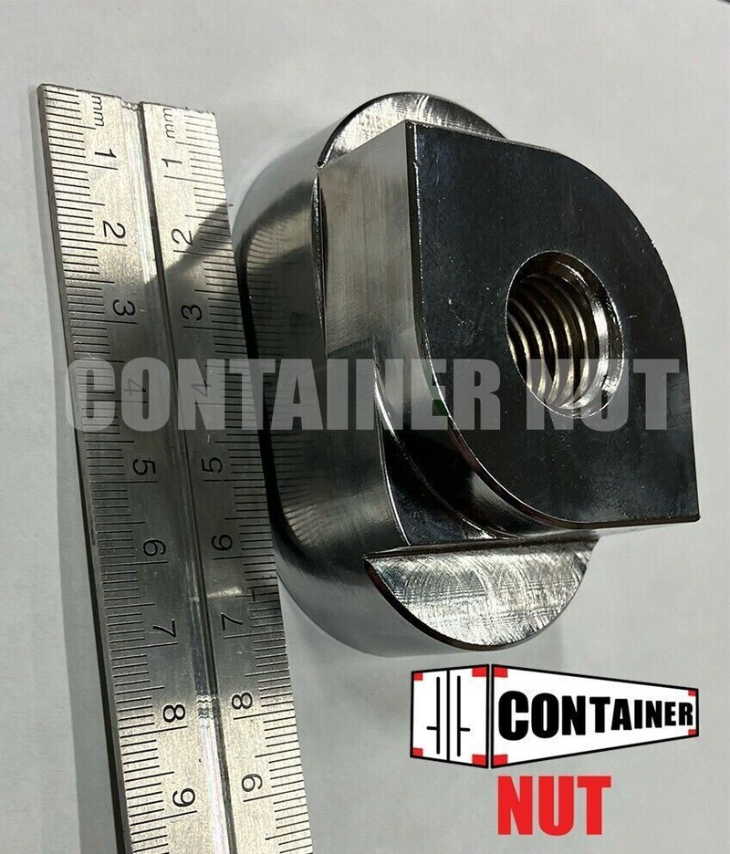 Load image into Gallery viewer, A silver Twist Nut is shown next to a ruler for scale. The nut is shiny and cylindrical, with a threaded hole in the center. The text &quot;Twist Nuts&quot; is overlaid on the image, and there&#39;s a logo with &quot;Container Nut&quot; in the bottom right corner.
