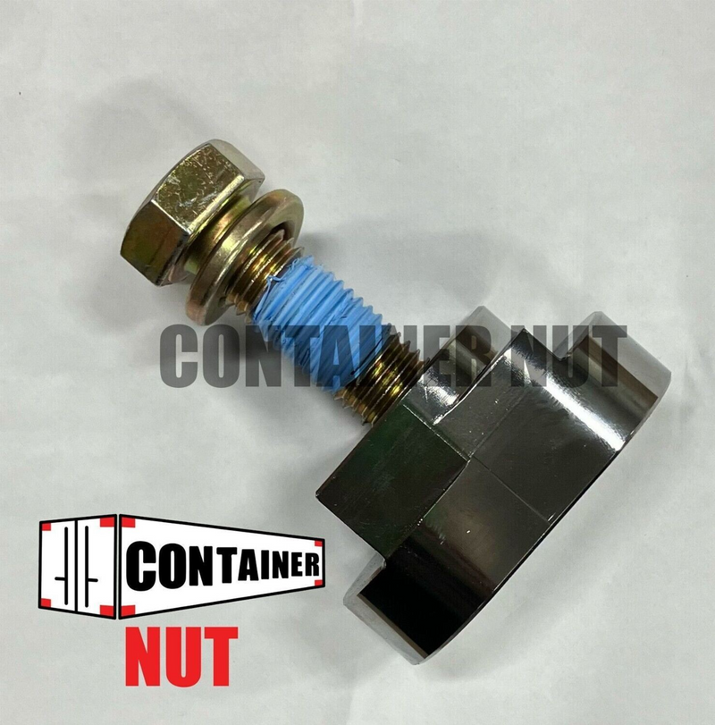 Load image into Gallery viewer, A silver bolt with a blue thread and a hexagonal nut is displayed on a white background. The words &quot;Container Nut&quot; are overlaid in bold letters. The logo of the brand, featuring a rectangular container graphic, is placed at the bottom left corner.

