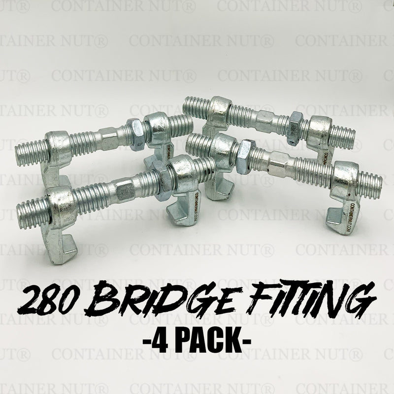 Load image into Gallery viewer, Four silver Bridge Fittings by Container Nut with threads and hexagonal nuts are arranged in a standing position on a gray background. Displaying their gripping mechanism as they open downward, these bolt clamps create a clean and organized appearance.

