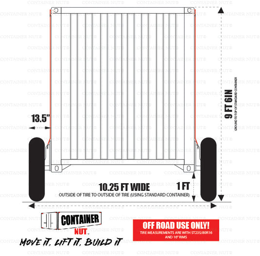 EZY Wheel spec sheet, shows that with the tires your shipping container will be 10.25 foot wide and 9 foot 6 inches tall.
