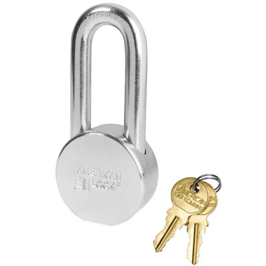 An American Lock solid steel padlock with a rounded top, accompanied by two gold keys on a small keyring. The lock has the 