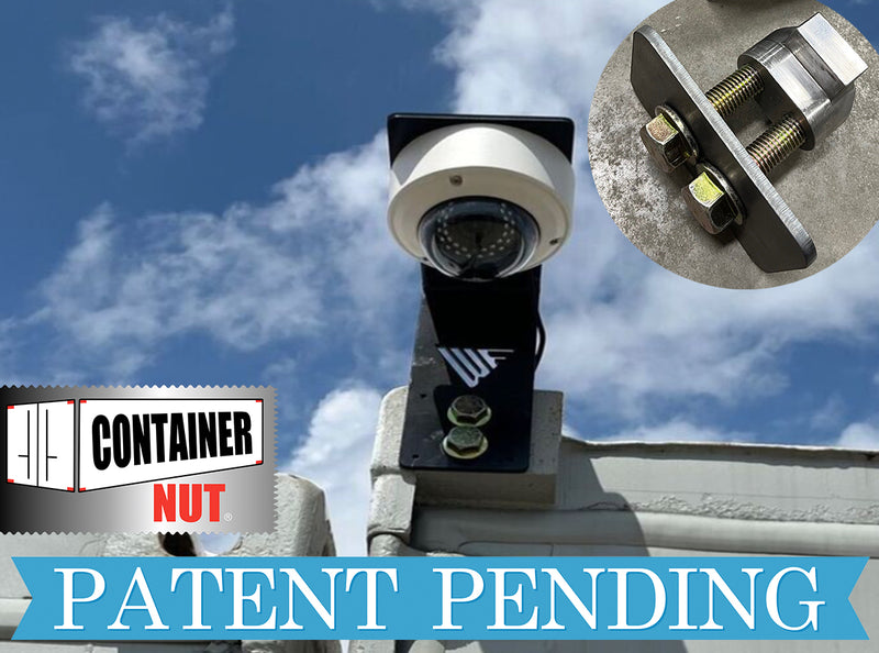 Load image into Gallery viewer, A Universal Container Nut by Container Nut is securely attached to a structure, seen against a backdrop of a blue sky with clouds. An inset image highlights the close-up details of the silver metal fastener. The text &quot;CONTAINER NUT&quot; appears on the left alongside its logo, while &quot;PATENT PENDING&quot; is prominently displayed at the bottom on a blue ribbon.
