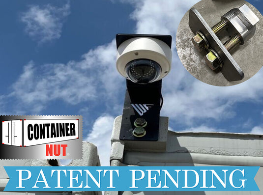 A Universal Container Nut by Container Nut is securely attached to a structure, seen against a backdrop of a blue sky with clouds. An inset image highlights the close-up details of the silver metal fastener. The text "CONTAINER NUT" appears on the left alongside its logo, while "PATENT PENDING" is prominently displayed at the bottom on a blue ribbon.
