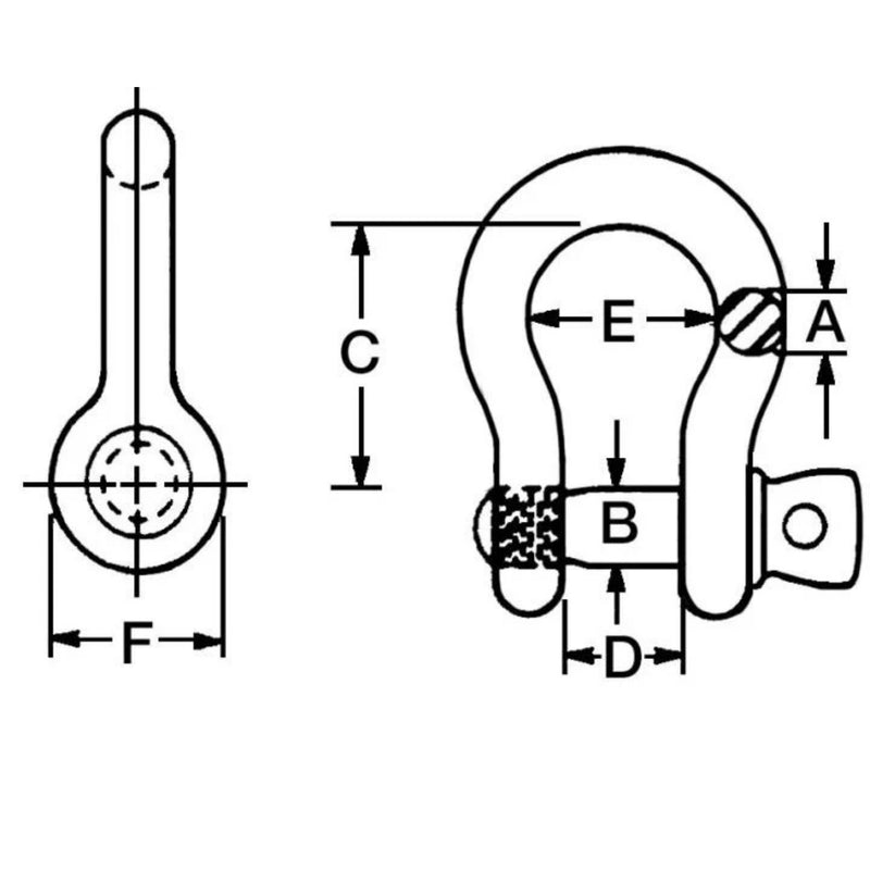 Load image into Gallery viewer, A technical drawing of the Campbell USA Anchor Shackle in blue with detailed dimensions labeled. The Anchor Shackle consists of a U-shaped piece with a pin across the opening. Dimensions A, B, C, D, E, and F are marked to indicate various measurements of its parts.
