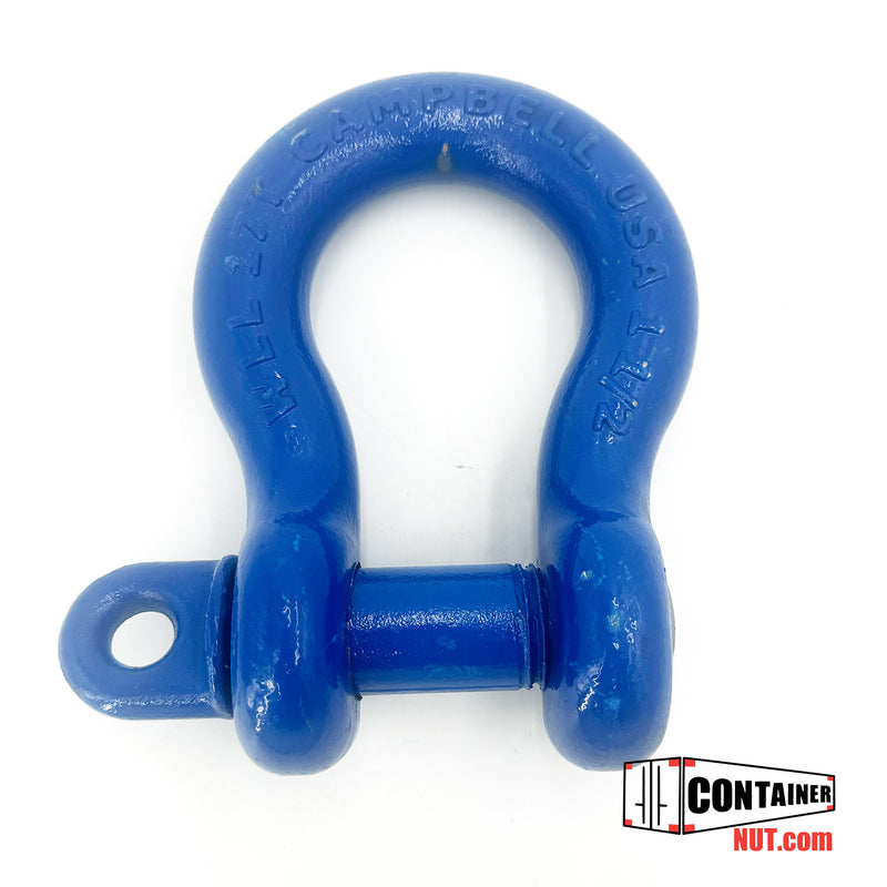 Load image into Gallery viewer, A blue Anchor Shackle with threaded pin rests on a white background. Embossed text reads &quot;Campbell USA&quot; along with the numbers &quot;1-1/2&quot;. The bottom right corner features the logo and text &quot;CONTAINERNUT.COM&quot;.
