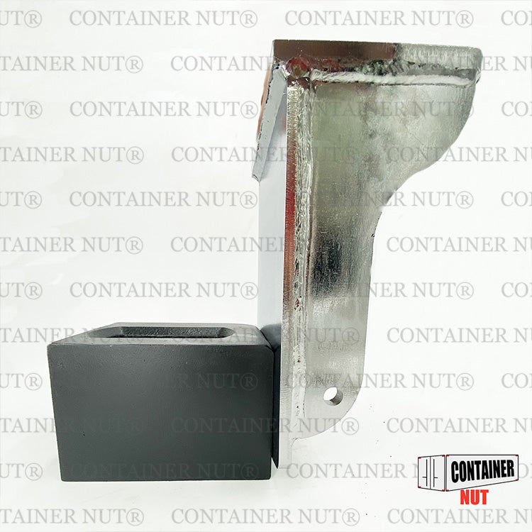 Load image into Gallery viewer, HD EZY Lift, a metallic L-shaped bracket paired with a square, black rectangular block positioned underneath one end. The background features a repeating &quot;Container Nut&quot; watermark, and the Container Nut logo is visible in the bottom right corner.
