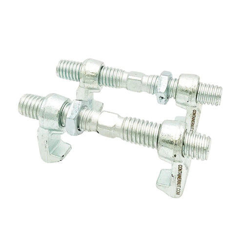 Two silver Bridge Fittings by Container Nut are positioned on a white surface. The fittings have a shiny finish and feature threaded parts with attached nuts, washers, and hinged clamp pieces designed for fastening.