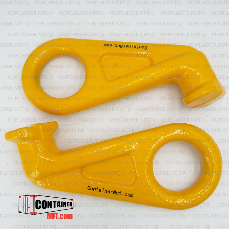 Load image into Gallery viewer, Two vibrant yellow metal tools with hook-like ends, branded with &quot;&quot;Container Nut.&quot;&quot; Both feature circular cutouts and are showcased on a plain background adorned with a repeating &quot;&quot;CONTAINER NUT®&quot;&quot; watermark, along with the brand&#39;s logo in the bottom left corner. The product is identified as the hooks in the Chain Sling + Right/Left Hooks Bundle.
