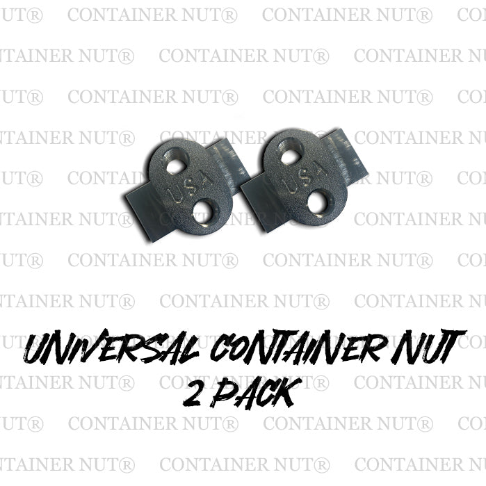 Load image into Gallery viewer, Two round silver Universal Container Nuts with &quot;U.S.A.&quot; engraved on each. The background features a repetitive, faint pattern stating &quot;Container Nut®.&quot; Below the nuts, bold text reads &quot;Universal Container Nut 2 Pack.
