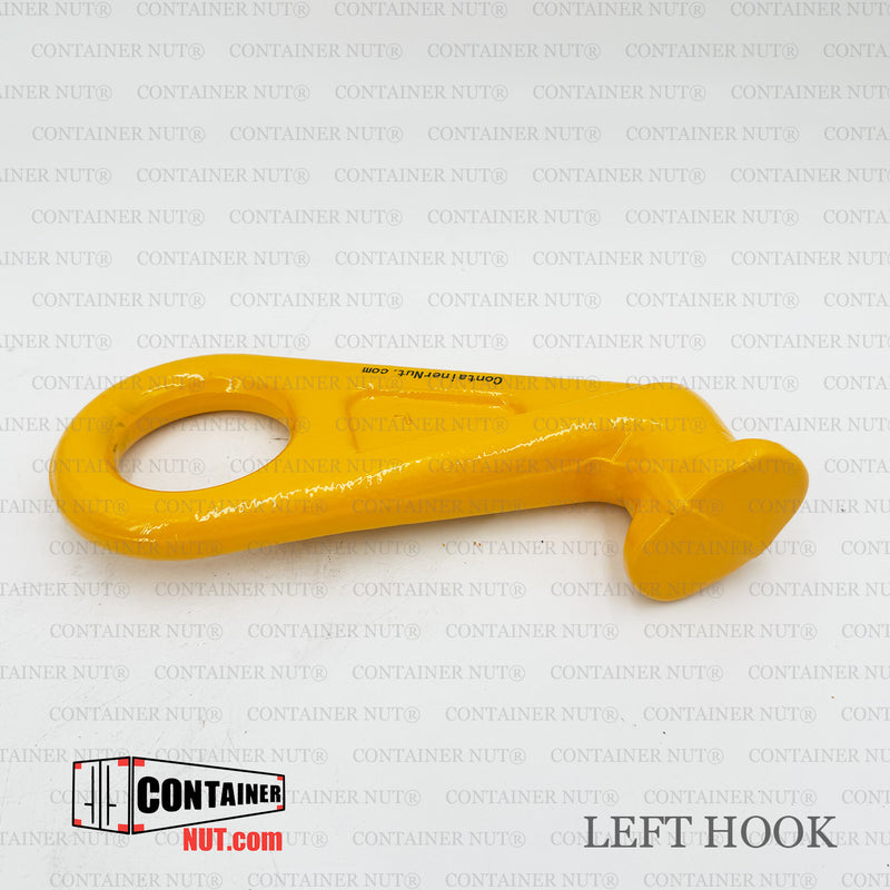 Load image into Gallery viewer, A yellow metal left hook tool used for container locking, featuring a large circular opening and a hook-like structure on one end. The background displays repeated &quot;CONTAINER NUT®&quot; text in a pattern. The bottom left corner has the &quot;CONTAINER NUT®&quot; and &quot;LEFTHOOK&quot; logos in black and red. This tool is part of the Right/Left 45° Hook product line by Container Nut.
