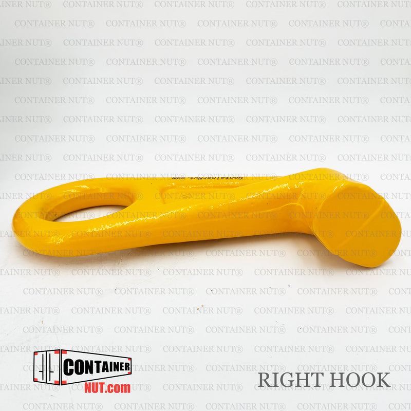 Load image into Gallery viewer, A bright yellow steel container twist lock handle labeled &quot;Right Hook&quot; on the bottom right corner. The background has a repetitive, semi-transparent &quot;Container Nut®&quot; logo pattern, with a larger Container Nut® logo in the lower left-hand corner.
