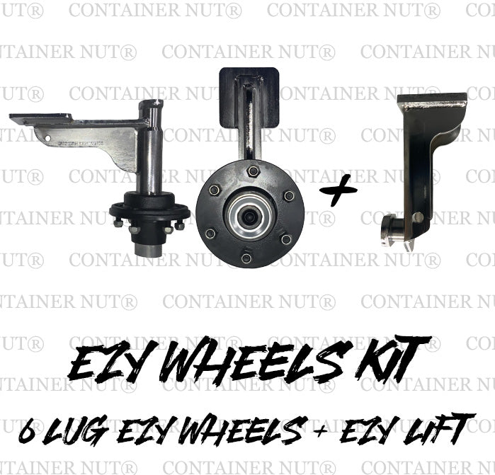 Load image into Gallery viewer, Three items included in the EZY Wheels Kit from Container Nut: a side view on the left of the EZY Wheels 6-Lug, a front view featuring a circular detail of the 6 Lug EZY Wheels in the center, and the EZY Lift on the right. A plus sign is placed between the EZY Wheels and EZY Lift. A watermark is over the image, and the bottom center says &quot;EZY Wheels Kit&quot; with &quot;6 Lug EZY Wheels + EZY Lift&quot; text underneath it.
