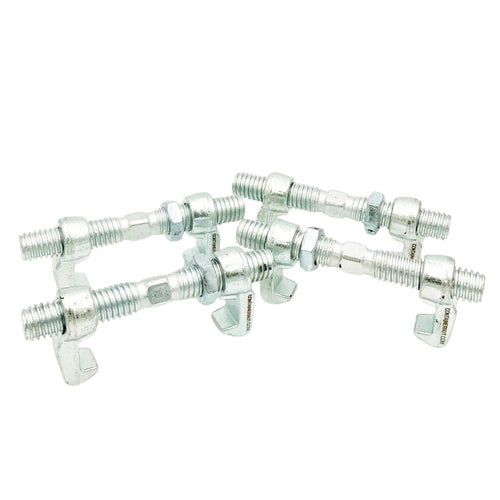 Four silver Bridge Fittings by Container Nut with threads and hexagonal nuts are arranged in a standing position on a white background. Displaying their gripping mechanism as they open downward, these bolt clamps create a clean and organized appearance.