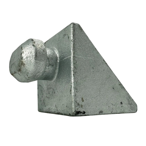 The Container Nut Galvanized Twist Locks is a galvanized, metallic, wedge-shaped object with a nut-like attachment on one side.