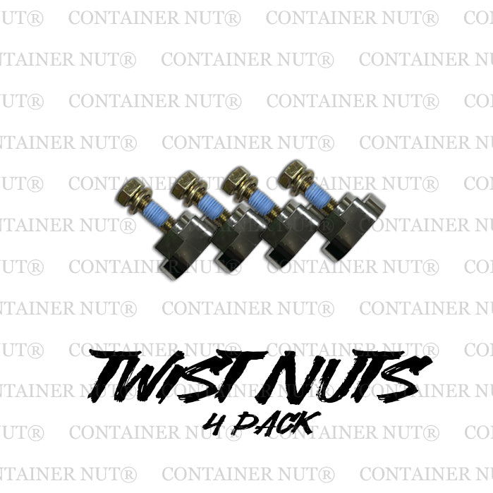 Load image into Gallery viewer, Image of a product labeled &quot;Twist Nuts - 4 Pack&quot; from the brand Container Nut. The image shows four silver twist nuts aligned side by side.
