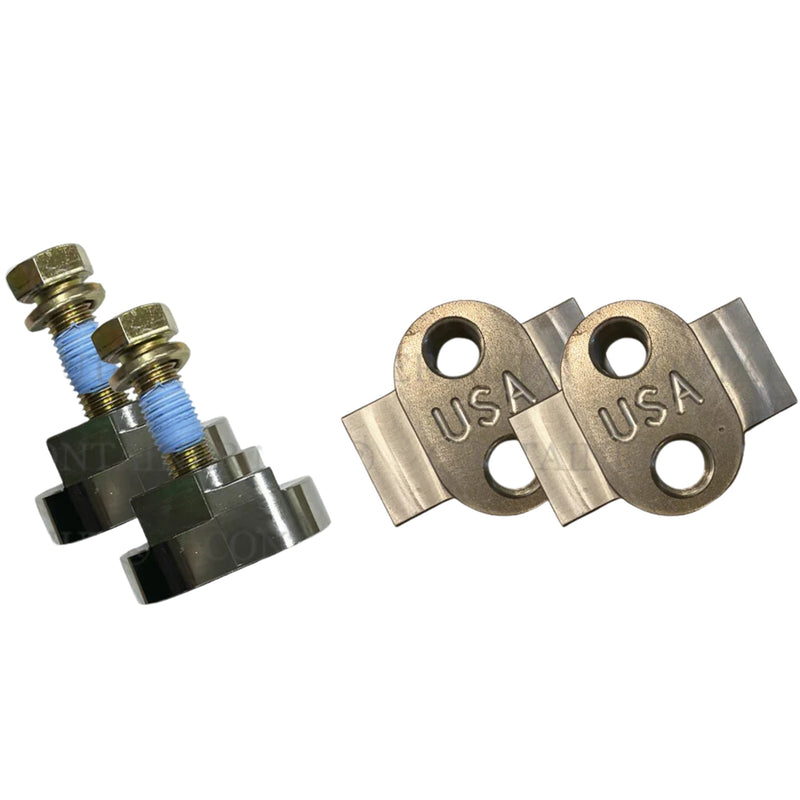 Load image into Gallery viewer, Twist Nut Bundle includes (2) Twist Nuts and (2) Universal Container Nuts, as well as bolts and lock washers. The twist nuts are depicted assembled with bolts and washers, while the universal container nuts are displayed separately. 
