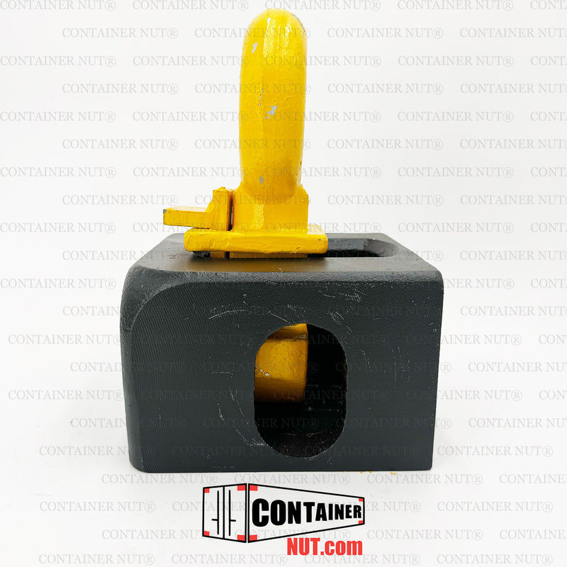 Load image into Gallery viewer, A Top Lifting Lug from the Container Nut brand is showcased in an image with a white background, featuring its geometric and industrial design. The yellow, circular ring structure is mounted on top of a gray, cube-shaped object with circular holes on three sides, all connected by a small black platform.
