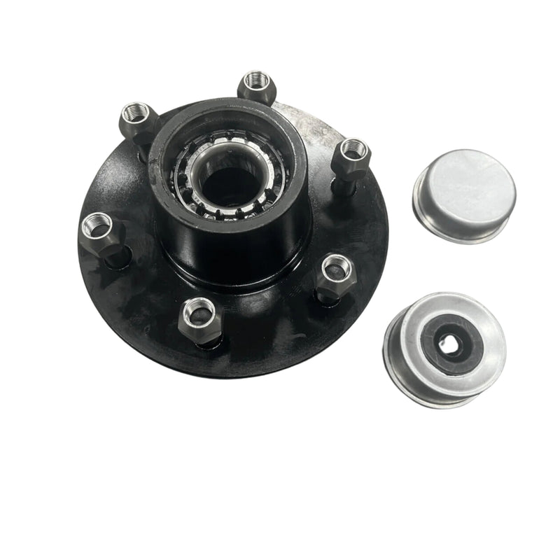 Load image into Gallery viewer, A close-up of the Container Nut Trailer Idler Hub, featuring a black mechanical design with six bolts and a central bearing, placed on a white background. Two silver caps, one containing a rubber insert, are positioned to the right of the hub.
