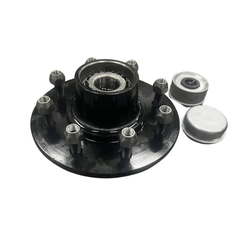 Load image into Gallery viewer, A Container Nut Trailer Idler Hub, featuring a black finish and six bolts, is placed on a white background. Next to it, on the right side, are two metallic hub covers, with one showing a visible inner part.
