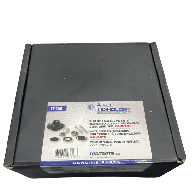 Load image into Gallery viewer, The label features an image of various mechanical parts, a product code (17-140), and lists contents in multiple languages. The label identifies the product as the Trailer Idler Hub by Axle Technology.
