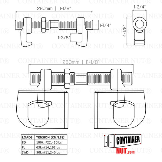 Technical drawing of a Container Nut brand Bridge Fittings with side and top views, dimensions, and tension load capacities for BD (100kN/22,450lbs), PL (63kN/14,162lbs), and SWD (50kN/11,240lbs). The bridge fitting measures 280mm (11-1/8 inches) wide. Color: Silver. Includes compatibility with various container interfaces.