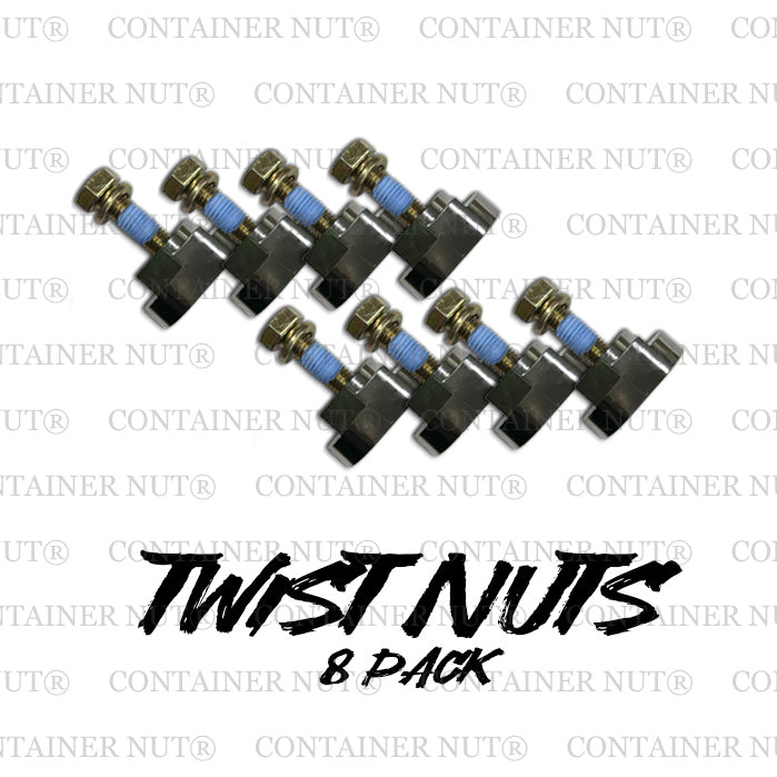 Load image into Gallery viewer, An image displays eight silver twist nuts with matching bolts, neatly arranged in two rows. At the bottom of the image, &quot;TWIST NUTS 8 PACK&quot; is prominently written in a bold and stylized font. The background features a repeated watermark of &quot;CONTAINER NUT®&quot;, emphasizing the brand name.
