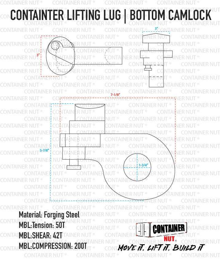 Load image into Gallery viewer, Technical drawing of the Bottom Lifting Lug with the bottom camlock, showing front and side views. Key specifications include MBL Tension: 50T, MBL Shear: 42T, and MBL Compression: 200T. Made from forging steel by Container Nut in a striking yellow color. Slogan: Move it, lift it, build it.
