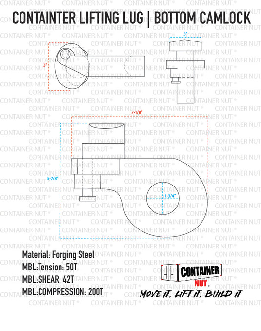 Technical drawing of the Bottom Lifting Lug with the bottom camlock, showing front and side views. Key specifications include MBL Tension: 50T, MBL Shear: 42T, and MBL Compression: 200T. Made from forging steel by Container Nut in a striking yellow color. Slogan: Move it, lift it, build it.