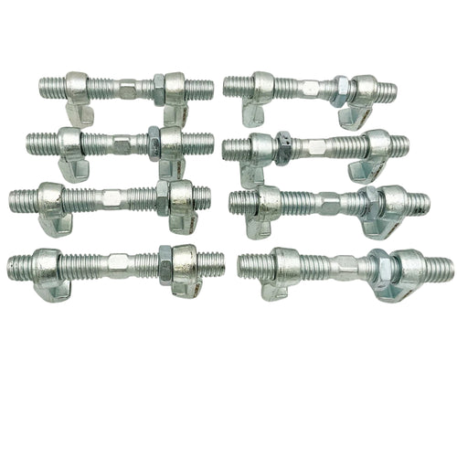 Eight Container Nut Bridge Fitting Clamps, silver, in four rows of 2 with a white background. 