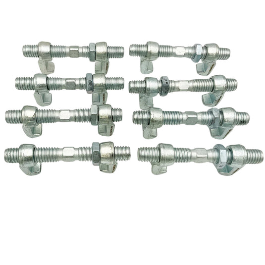 Eight Container Nut Bridge Fitting Clamps, silver, in four rows of 2 with a white background. 