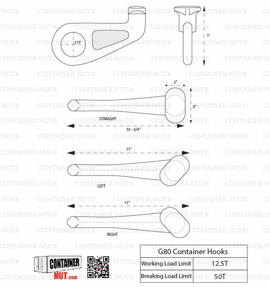 A technical diagram illustrating the Hooks with measurements in inches. It details the dimensions and provides different views: straight, left, and right orientations. The working load limit is 12.5T and the breaking load limit is 50T. Branding of "Container Nut" is prominently displayed.