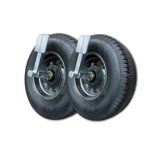 The EZY Wheels Bundle by Container Nut features two black spare tires with steel rims, positioned side by side on a white background. Each tire is mounted on EZY Wheels to move shipping containers . The tires showcase visible tread patterns.