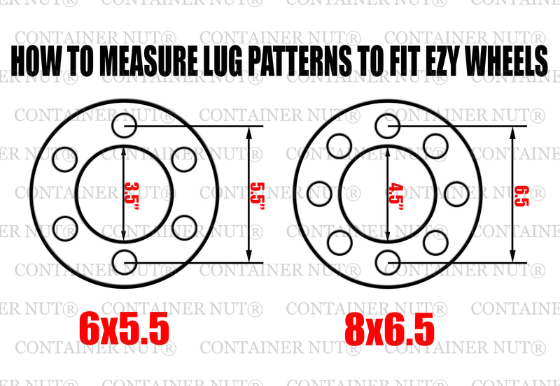 Load image into Gallery viewer, A diagram illustrating the measurement of lug patterns for EZY Wheels by Container Nut. The left image shows a 6x5.5 pattern with bolts arranged in a 5.5-inch circle, while the right image depicts an 8x6.5 pattern with bolts in a 6.5-inch circle, complete with measurement lines indicating distances.
