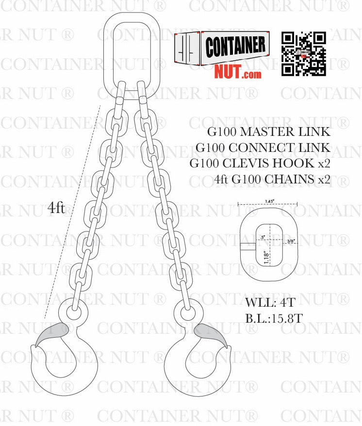 Load image into Gallery viewer, Illustration of a 4-foot Chain Sling + Right/Left Hooks Bundle from Container Nut. Components include a G100 master link, a G100 connect link, and two G100 clevis hooks. The working load limit (WLL) is 4 tons, and the breaking load (B.L.) is 15.8 tons.
