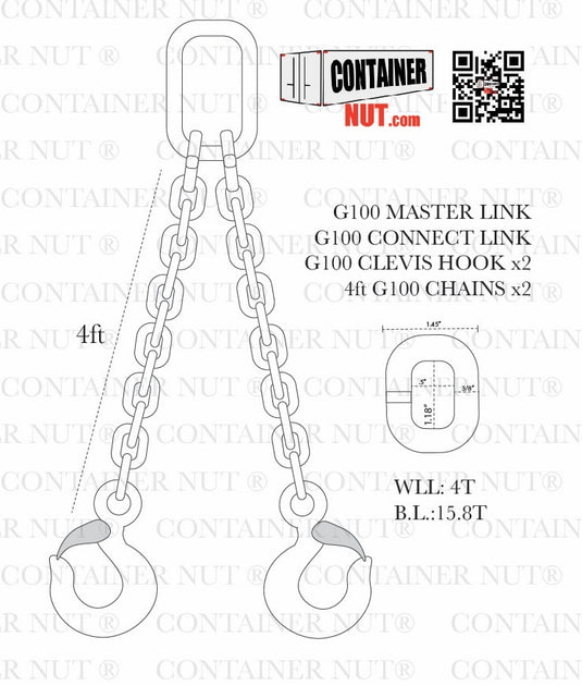 Illustration of a 4-foot Chain Sling + Right/Left Hooks Bundle from Container Nut. Components include a G100 master link, a G100 connect link, and two G100 clevis hooks. The working load limit (WLL) is 4 tons, and the breaking load (B.L.) is 15.8 tons.