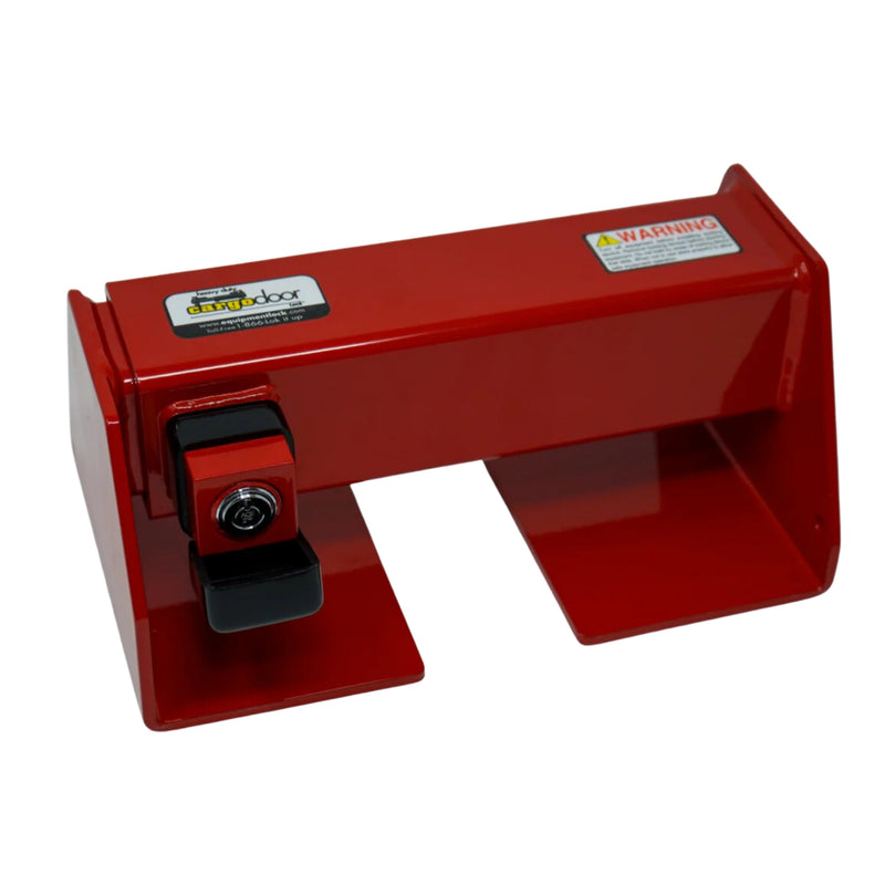 Load image into Gallery viewer, A red metal security device designed to secure garage doors, branded as &quot;HD Cargo Door Lock&quot; by Container Nut. It features a key lock mechanism on the left side, a warning label on the top right corner, and has a rectangular shape with two flat base plates.
