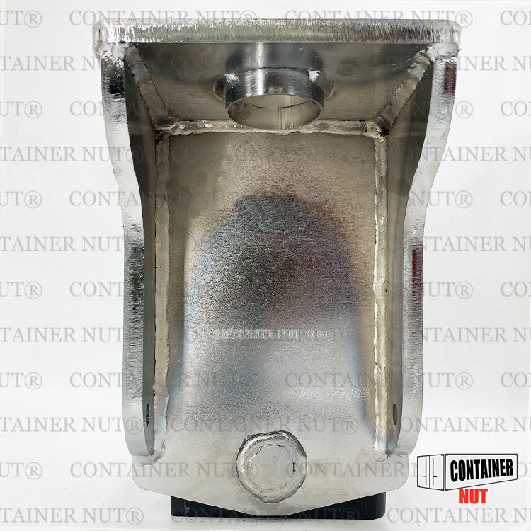 Load image into Gallery viewer, A close-up of a metallic HD EZY Lift container nut with a reflective, polished surface. The background features a watermark pattern displaying the text &quot;Container Nut®&quot; repeatedly. In the bottom right corner, there&#39;s a logo with &quot;Container Nut®&quot; text and a black bar graphic.
