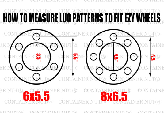 A diagram illustrating the measurement of lug patterns for EZY Wheels by Container Nut. The left image shows a 6x5.5 pattern with bolts arranged in a 5.5-inch circle, while the right image depicts an 8x6.5 pattern with bolts in a 6.5-inch circle, complete with measurement lines indicating distances.