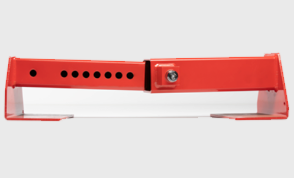 Load image into Gallery viewer, The HD Cargo Door Lock by Container Nut is a vibrant red, metal device featuring multiple holes and a central dial lock mechanism. It boasts a broad, flat base and an elevated, U-shaped upper part that appears to be adjustable. The overall design is sleek and industrial, suggesting it has a security or locking purpose.
