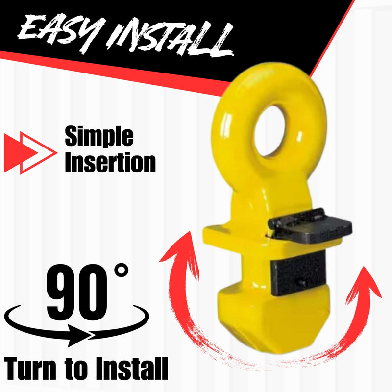 Load image into Gallery viewer, White text against a black background with red underneath notes this image is about &quot;Easy Install&quot;. It has the Container Nut logo on the upper right corner, and a yellow lifting lock taking up the whole left side of the image. Text notes this is a simple insertion and needs a 90-degree turn to install, with arrows pinpointing 90 degrees.
