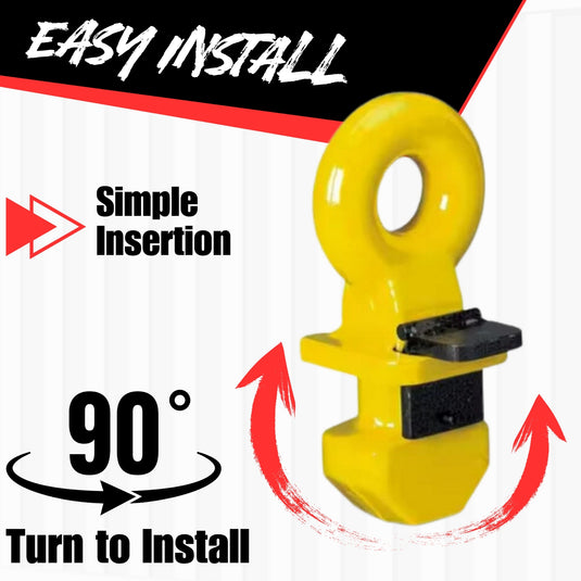 White text against a black background with red underneath notes this image is about "Easy Install". It has the Container Nut logo on the upper right corner, and a yellow lifting lock taking up the whole left side of the image. Text notes this is a simple insertion and needs a 90-degree turn to install, with arrows pinpointing 90 degrees.