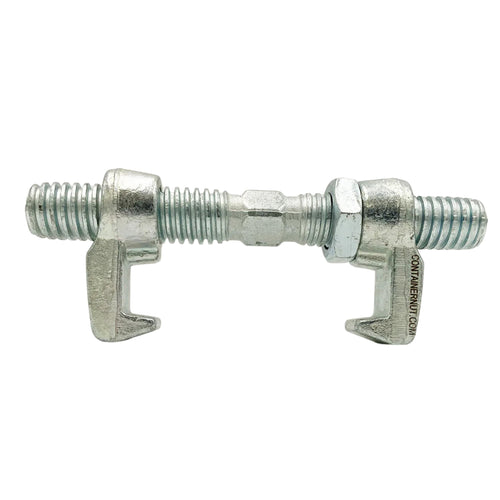 A silver Bridge Fitting from the Container Nut brand, featuring two hooked ends against a plain white background. It includes threaded rods extending from both ends, connected by a central barrel that can be rotated to adjust the tension. The surface is shiny and galvanized.