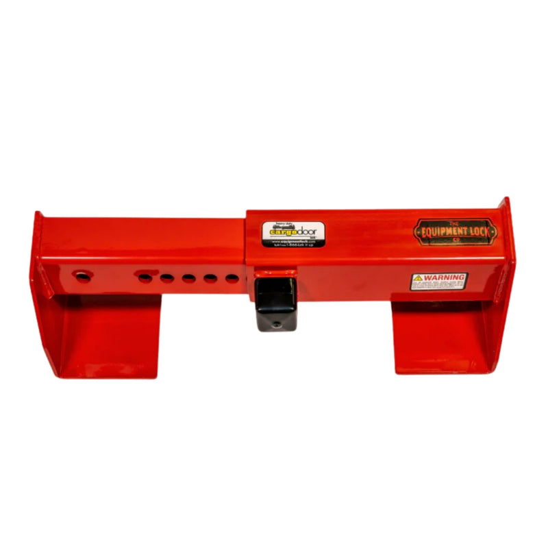 Load image into Gallery viewer, The HD Cargo Door Lock by Container Nut is a red, heavy-duty lock with an adjustable steel bar, featuring multiple holes for customization. It is equipped with warning labels and branding stickers, designed to secure equipment and prevent unauthorized use.
