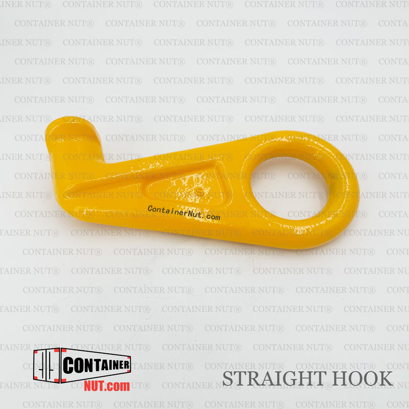 Load image into Gallery viewer, A yellow Straight Hook from Container Nut with a circular hole and a small notch on one end is shown. The text &quot;ContainerNut.com&quot; is printed on the hook. The background features a repeating &quot;CONTAINER NUT©&quot; pattern, and the words &quot;CONTAINER NUT©&quot; and &quot;STRAIGHT HOOK&quot; are visible.
