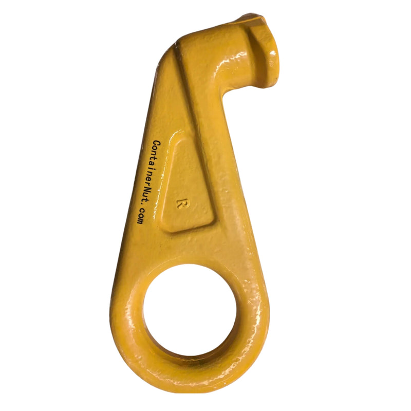 Load image into Gallery viewer, A Yellow Straight Hook industrial part from Container Nut, made of metal and featuring a hook shape with a large circular hole at one end and a smaller, contoured end. The part is labeled with &quot;ContainerNut.com&quot;.
